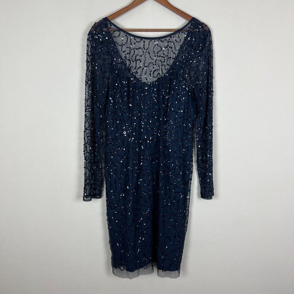 Papell Boutique Dress 16 Navy Blue Sequin Sheath Sheer Long‎ Sleeve Cocktail Zip